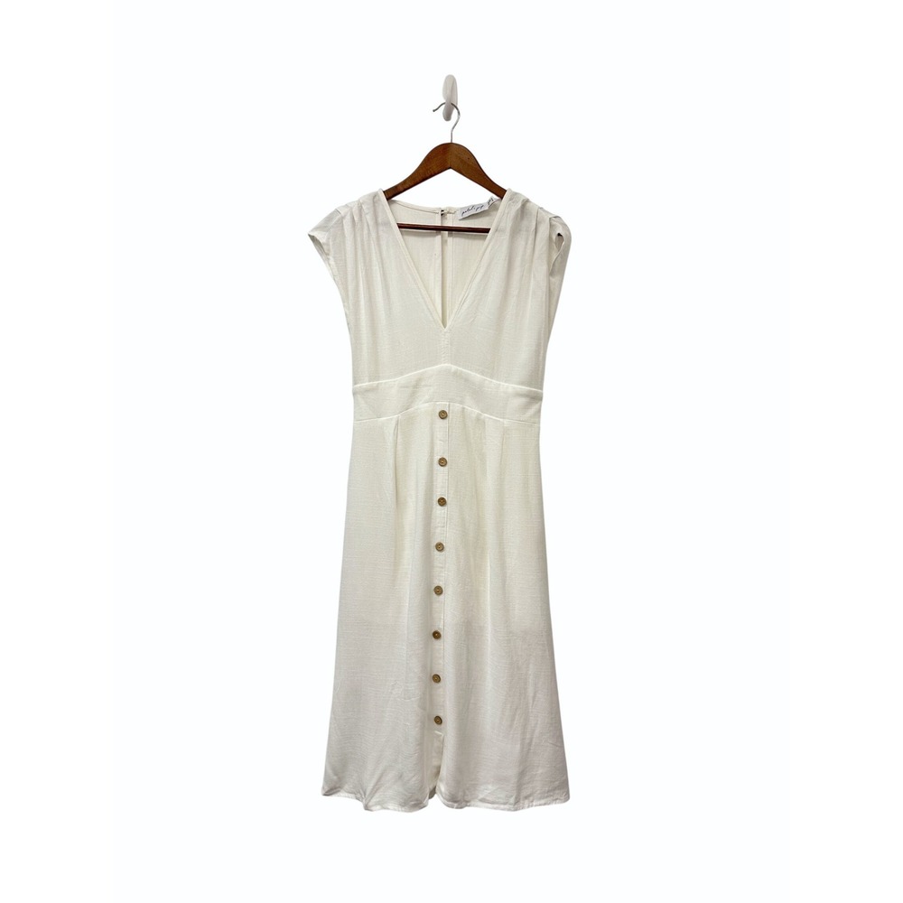 Petal + Pup V-Neck Linen Button Front Midi Dress White 10